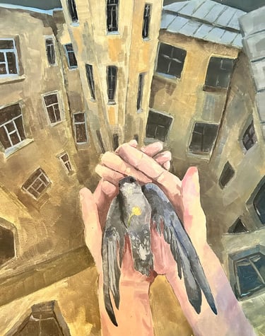 Oil on canvas painting titled "Even the Sparrow"