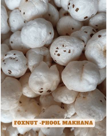 Makhana: "Close-up of fresh makhana seeds, also known as fox nuts, used in Indian cuisine"