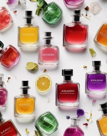 Two elegant perfume bottles are displayed on a soft, textured fabric surface. One bottle, labeled Prada, is tilted and has a light pink hue, while the other, labeled Chanel No 5, is upright with a golden yellow liquid inside. The scene exudes luxury and sophistication.