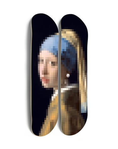a pair of skateboards with a girl with a pearl earring