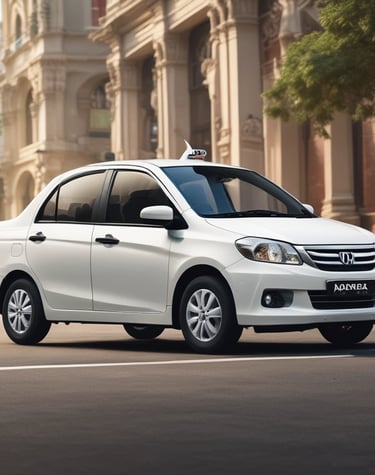 A taxi with an orange and white color scheme is moving quickly down a city street at night. The street is wet, reflecting lights from nearby buildings and street lamps, including a tree adorned with white string lights. The scene suggests a bustling urban environment.