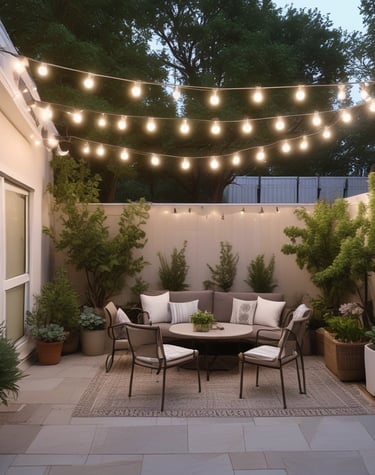 A peaceful garden area with lush greenery and seating.