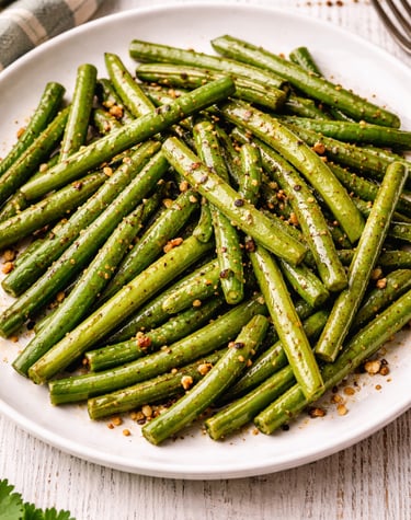 Sautéed garlic butter green beans seasoned with cracked black pepper on a white ceramic plate.