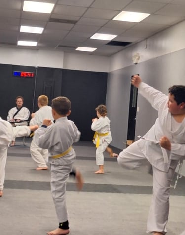 Young students practicing karate kicks during a martial arts class in a studio.