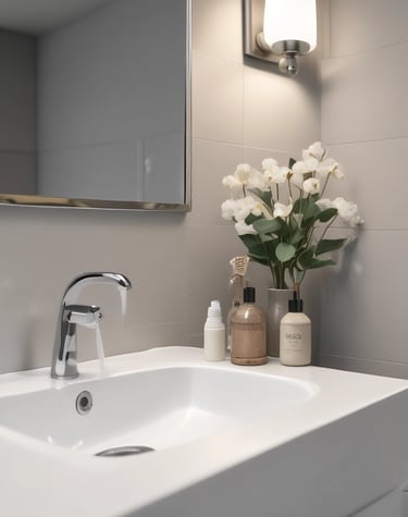 Pristine bathroom featuring sparkling tiles and a shining mirror.