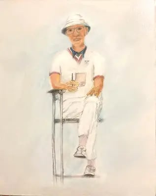 a drawing of a my tennis coach in a white shirt and hat