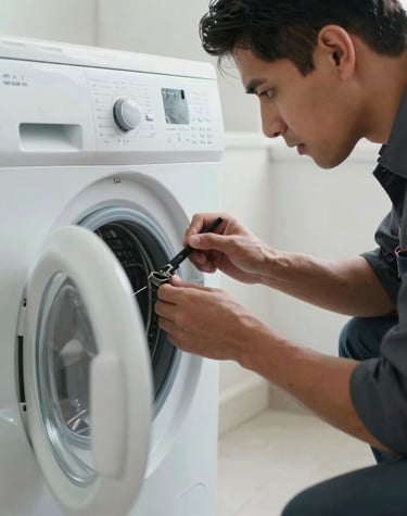 Technician carefully inspecting a washing machine drum in a modern Santiago home