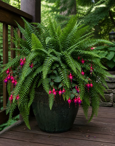 Vibrant pink fuchsia flowers and lush green Boston fern in a decorative garden planter on a wooden deck.