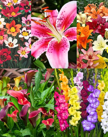 A colorful collage of garden flower including lilies, calla lilies, and gladiolus in vibrant blooms.