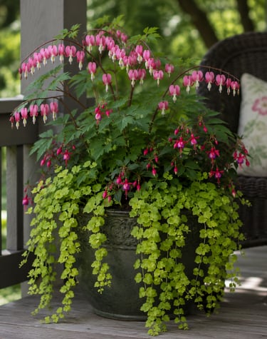 A decorative patio planter with pink bleeding heart flowers and cascading lime green creeping jenny foliage.