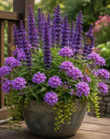Purple salvia and verbena flowers in a ceramic planter attracting butterflies and bees on a garden patio.
