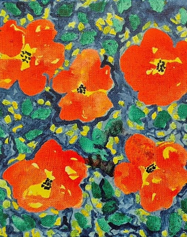 Peinture de fleurs rouges et jaunes, aux couleurs vibrantes, sur fond de feuilles et de tiges vertes