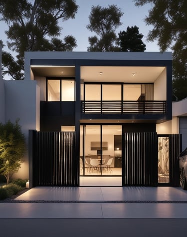 Modern corporate building with glass facades under construction at sunset