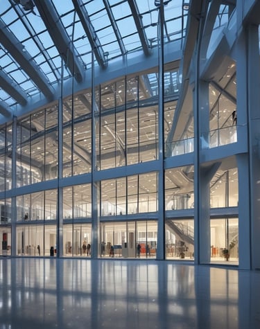 Renovated industrial office interior showcasing clean lines and updated lighting