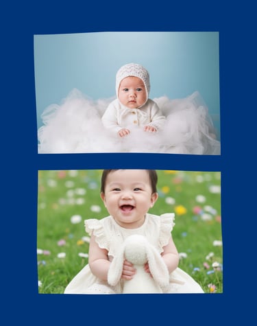 Two portraits featuring a newborn baby in a white knit bonnet and a smiling toddler in a flower field.