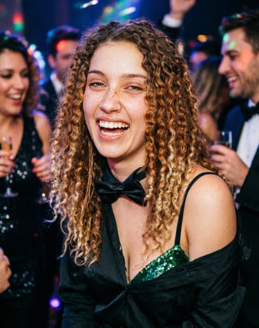 Smiling woman with curly hair wearing a bow tie at a festive New Year's Eve party with friends.