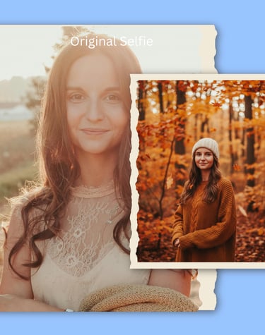 A woman posing for an autumn portrait in a sunny forest with golden fall foliage and cozy knitwear.