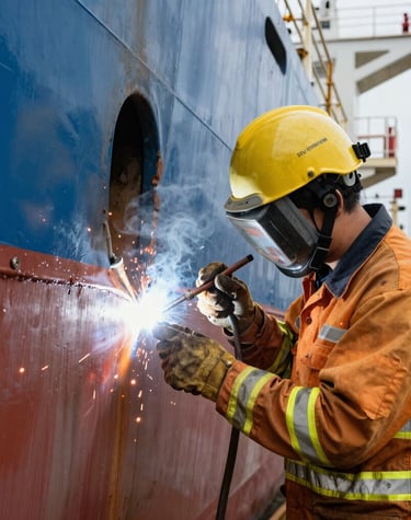 Marine engine undergoing precise overhauling in a well-lit workshop