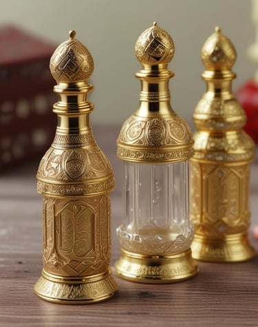 A sleek dark bottle of perfume with golden accents glowing softly against a black background.