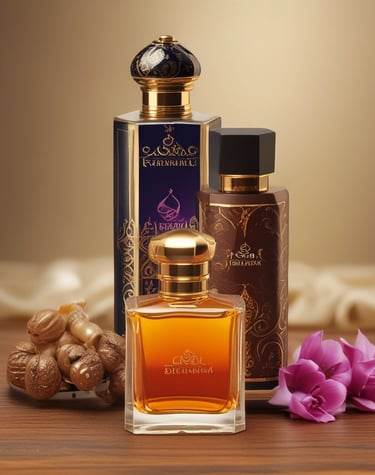 Close-up of a perfume bottle with a modern design, reflecting subtle light on a dark surface.