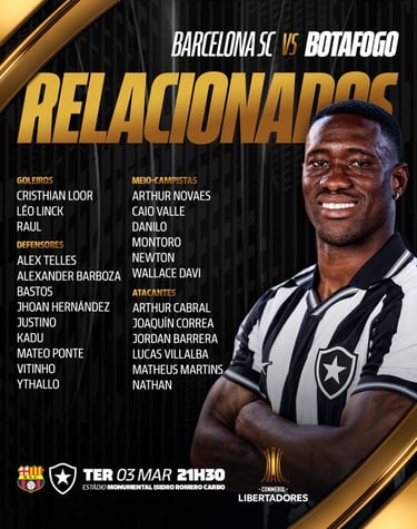 Lista de relacionados do Botafogo jogo 3 fase da Libertadores