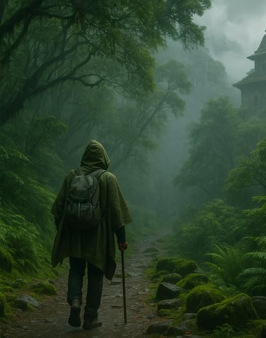 Trekker in rain gear walking a lush, misty Himalayan trail during monsoon.