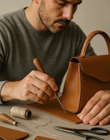 a man is making a leather handbag