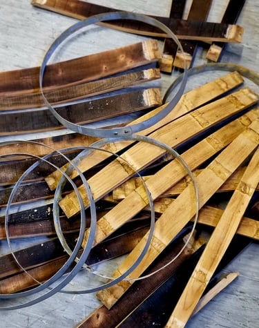 a bunch of wooden pieces of wood with a pair of scissors and a pair of