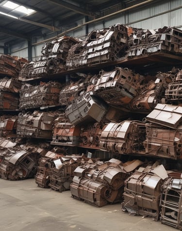 A row of cars is parked closely together in a lot, with some appearing to be missing tires, indicating a scrapyard or salvage yard setting. The cars are positioned in front of a large, corrugated metal building. Some trunks are open, and a transmission or automotive part lies on the ground.