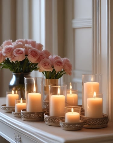 A neatly arranged collection of scented candles in glass jars, each featuring distinct labels with intricate lettering. The candles are placed on a metal rack, with varied wax colors ranging from white to light yellow and pale orange. The setting is indoors, with a blurred background providing a warm ambiance.