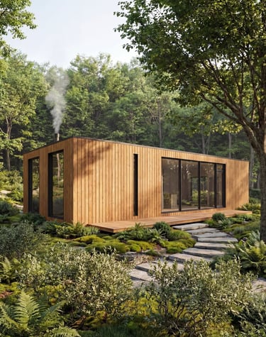 Contemporary cabin exterior design with large glass windows