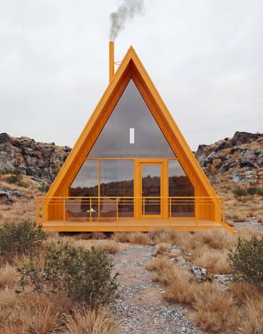 Small modern cabin plan exterior render forest setting