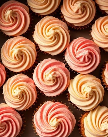 Delicious cupcakes with light yellow and dusty pink frosting swirled in rosettes ordered from Claire