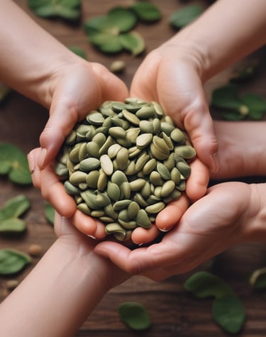 Two open hands hold a collection of various seeds and nuts of different sizes and colors. The background shows a dirt ground with some leaves scattered around. The person wearing multiple bracelets on their wrists.
