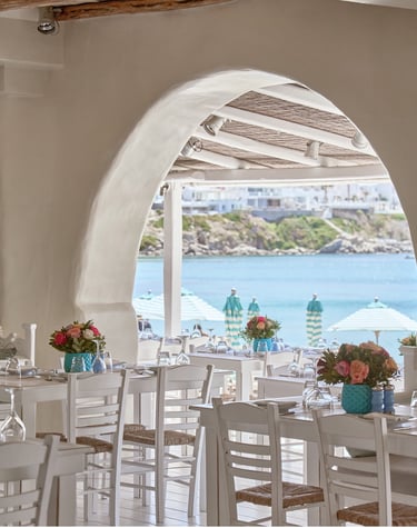 a restaurant with tables and chairs and a view of the ocean