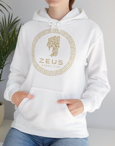 a woman wearing a white hoodie with a gold logo on it