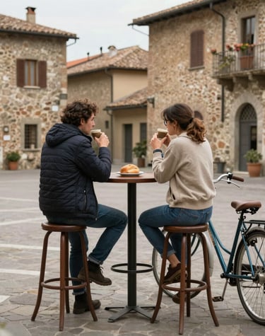 Cyclist riding along a sunlit trail with rolling hills and sea in the background.