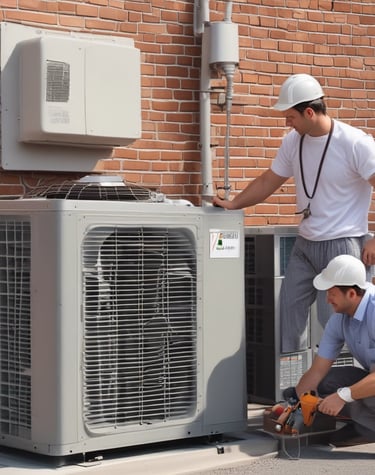Technician fixing a sleek air conditioner unit on a sunny day.