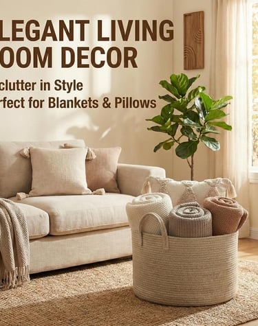 Elegant cotton rope basket holding blankets and pillows in a cozy, sunlit living room.