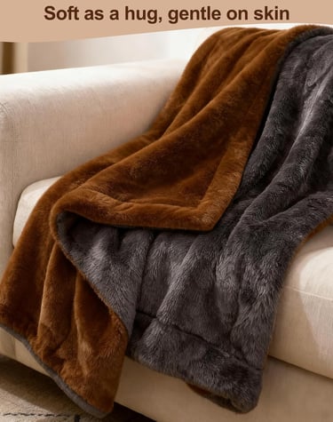 Soft faux fur throw blanket in brown and grey draped over a beige sofa.