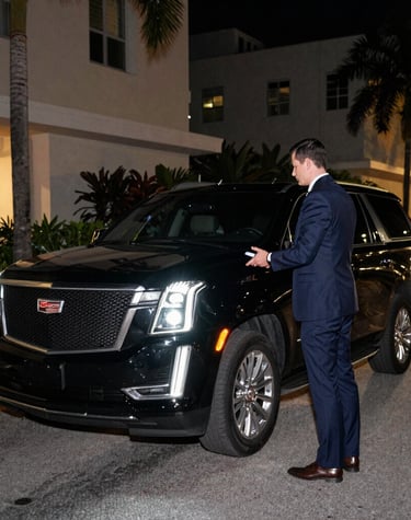 A sleek black luxury car parked beside a modern Miami waterfront residence at sunset.