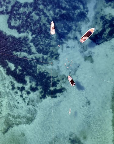 Drone view of crystal clear sea and boats at Pakleni Islands, seen on a private boat tour from Split, Croatia.