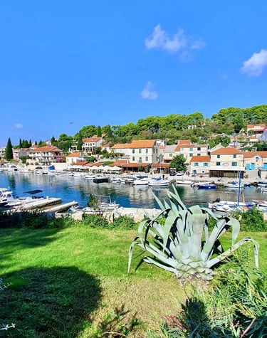 Panoramic view of traditional Dalmatian village of Maslinica, Solta during a SunMarine private boat tour from Split, Croatia.