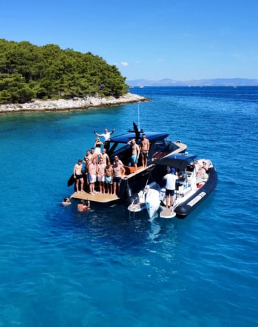 Aerial view of Colnago 35 & Hunter Pro 800 near Milna, Brac. Large group private boat tour from Split by SunMarine.