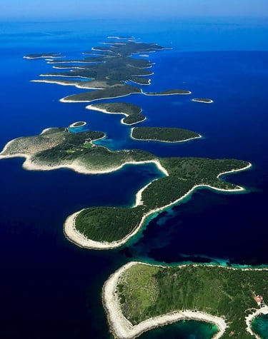 Aerial panoramic view of Pakleni Islands, seen on a private boat tour off the coast of Split, Croatia