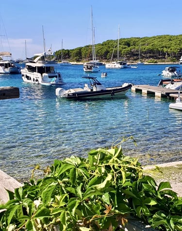 Nuova Jolly Exclusive RIB docked at Pakleni Islands during lunch break on a private boat tour from Split, Croatia.