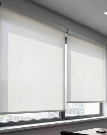 Modern wooden blinds partially open, casting striped shadows on a minimalist workspace.