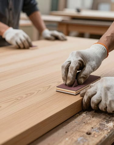 Close-up of a craftsman’s hands carefully carving smooth wood edges on a minimalist furniture piece.