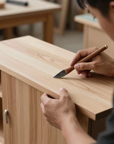 A craftsman applying a delicate finish to a custom-made chair, highlighting meticulous attention to detail.