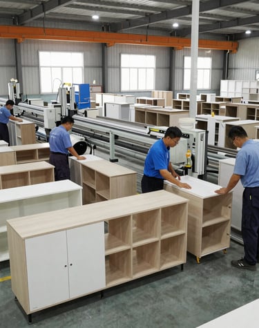 A serene workshop bathed in natural light with elegant wooden furniture in various stages of assembly.